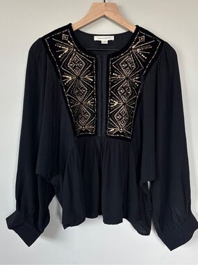 Treasure & Bond Metallic Embroidered Split Neck Top Glam Witchy Goth M